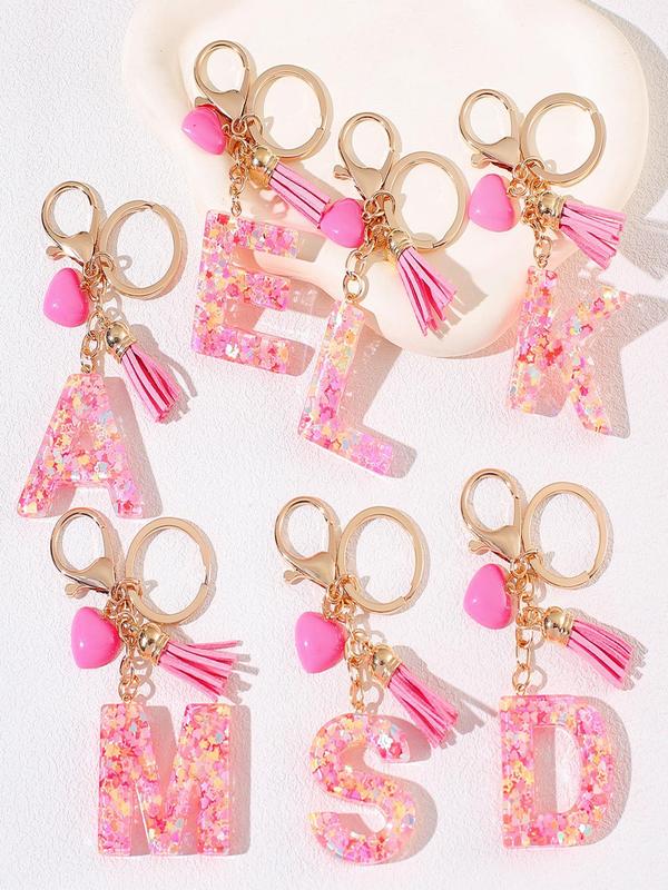 Letter Design Keychain, Cute Tassel & Heart Bead Decor Keychain for Women & Girls, Fashion Accessories for Bag Decoration