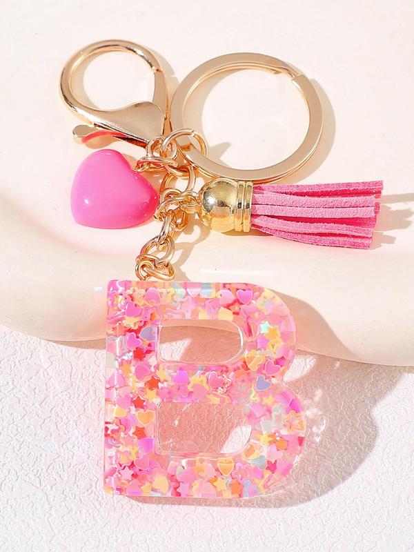 Letter Design Keychain, Cute Tassel & Heart Bead Decor Keychain for Women & Girls, Fashion Accessories for Bag Decoration