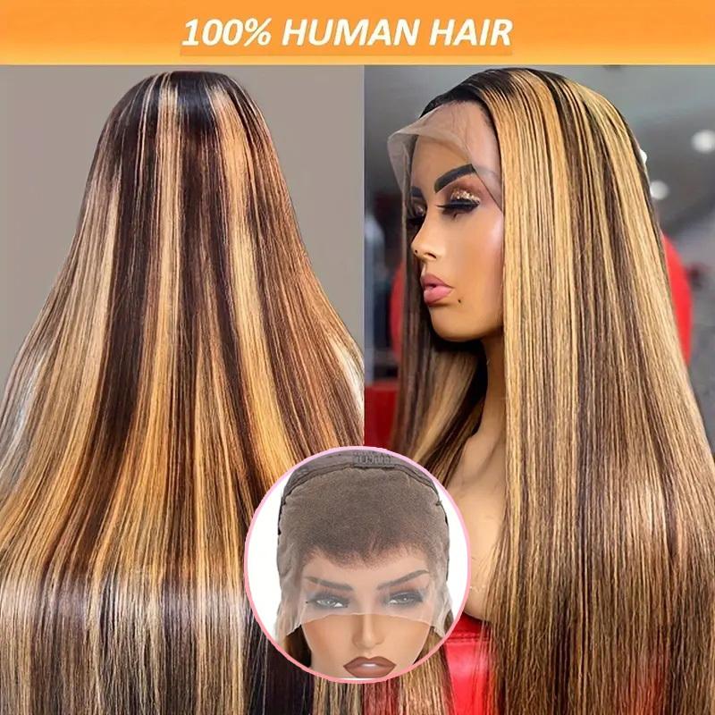 245% Density 4 27 Highlight Ombre Lace Front Wig Human Hair 13x5 Front HD Transparent Lace Pre Plucked Straight Front Wig Human Hair Brown Colored Honey Blonde Front Wig Human Hair