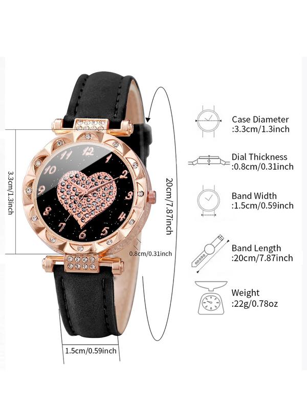 Women's Fashion Analog Quartz Watch & Heart Charm Bracelet, Elegant Trendy Rhinestone Decorated Round Dial Wristwatch & Exquisite Bracelet without Box