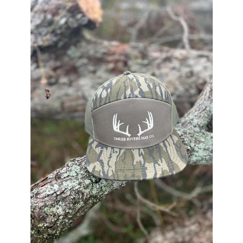 Whitetail Rack - Lost Hat Flatbill-Mossy Oak Bottomland 7 panel SnapBack Hat Embroided Hat