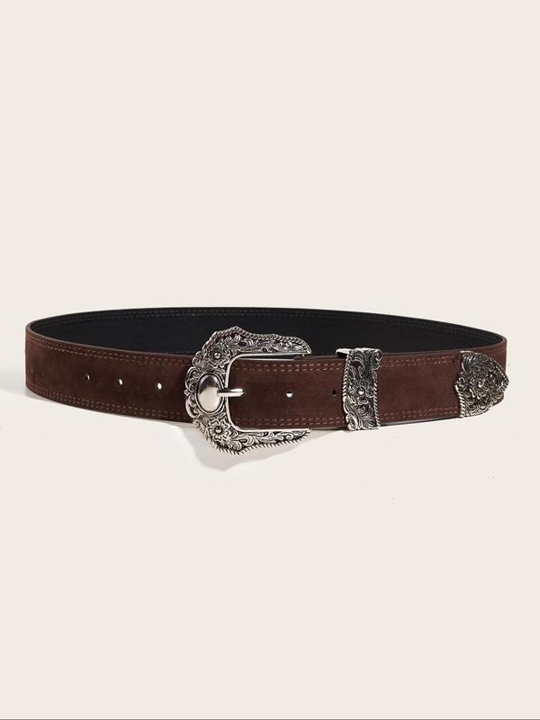 Fashion Floral Embossed Buckle Belt, Vintage Western Belt for Men & Women, All-match Clothes Accessories for Daily Wear