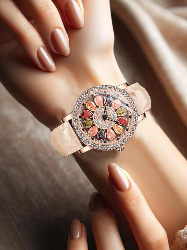 Women's Elegant Fashion Rhinestone Decor Round Dial Quartz Watch As Gift, Vintage Exquisite Wristwatch, Chic Business Watch As Gift with Box