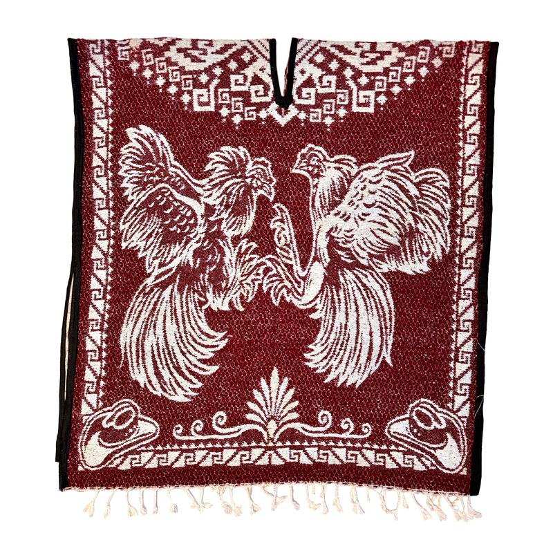 Mexican Poncho Gabanes Rooster Design- Burgundy