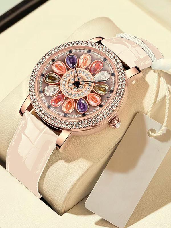 Women's Elegant Fashion Rhinestone Decor Round Dial Quartz Watch As Gift, Vintage Exquisite Wristwatch, Chic Business Watch As Gift with Box