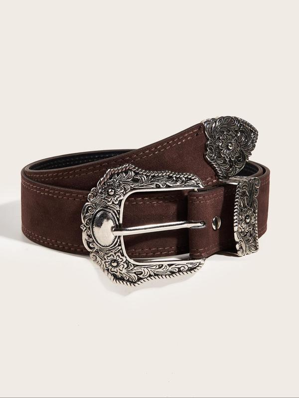 Fashion Floral Embossed Buckle Belt, Vintage Western Belt for Men & Women, All-match Clothes Accessories for Daily Wear