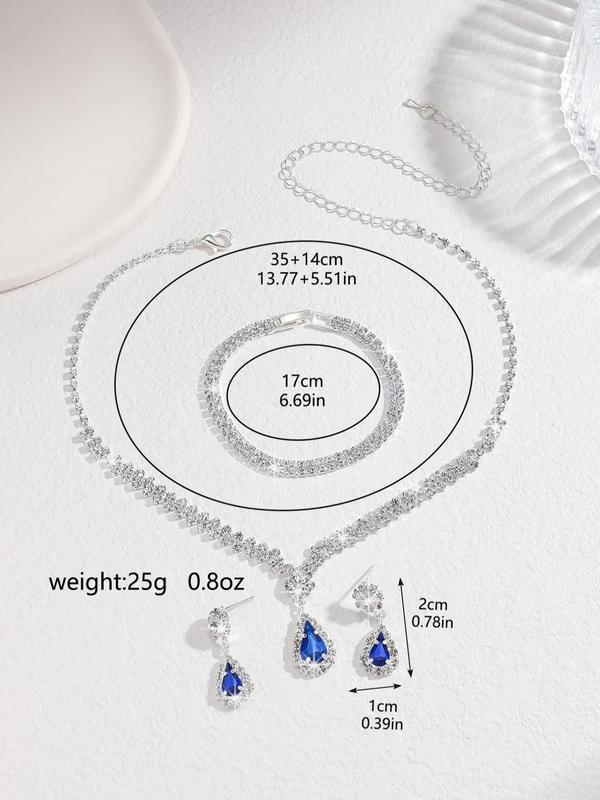 Elegant Rhinestone Decor Water Drop Shaped Design Dangle Earrings & Adjustable Pendant Necklace & Bracelet, Exquisite Trendy Jewelry Set for Party