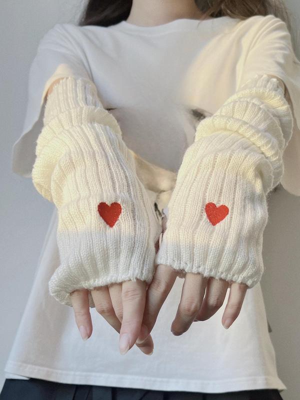 1 Pair Women's Cute Heart Embroidery Gloves, Fashionable Casual Trendy Y2k Knitting Arm Warmers, Fashionable Accessories for Daily Wear