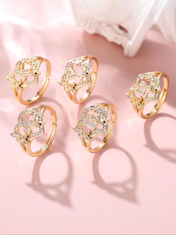 Fashion Letter & Flower Design Rhinestone Inlaid Promise Ring, Casual Matching Rings Jewelry for Party, Classic Trendy Accessories for Daily Wear