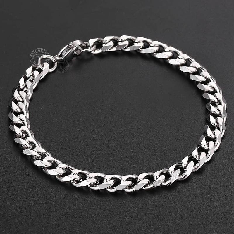 7MM Stainless Steel Curb Cuban Chain Necklace Bracelet Jewelry Set Silver Color Link for Female Male