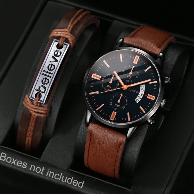 Men's Brown Casual Round Dial Analog Quartz Watch and Bracelet Set