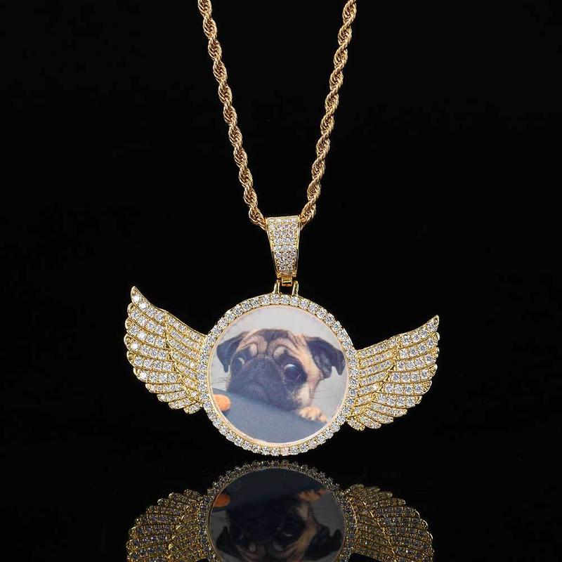 PAG&MAG Hip hop memory Angel Wings Round Photo pendant Copper inset zircon DIY creative picture frame necklace jewelry synthetic