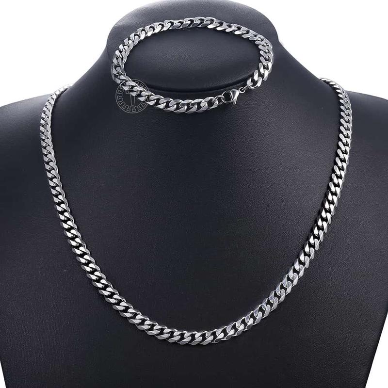 7MM Stainless Steel Curb Cuban Chain Necklace Bracelet Jewelry Set Silver Color Link for Female Male