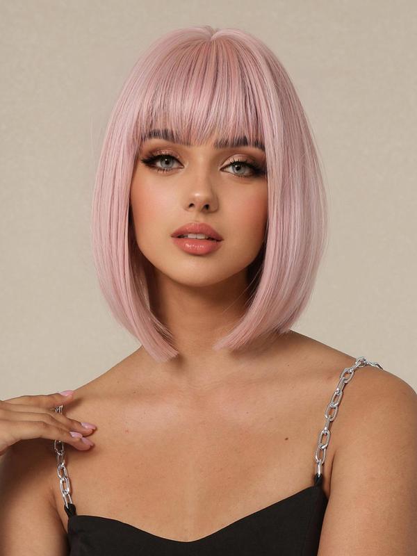 14 Inch Short Straight Wigs for Women,  Gorgeous Natural Fluffy Wigs With Bangs, Synthetic Hair Wigs for Daily & Cosplay & Costume Party Decor