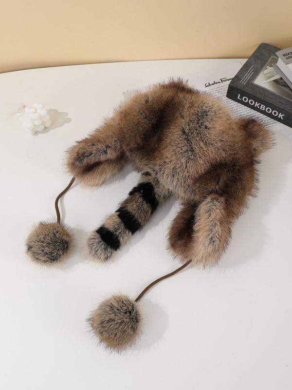 Cute Raccoon Design Contrast Fur Hat, Fashionable Pom Pom Decor Hat for Fall & Winter, Warm and Stylish Hat for Men & Women