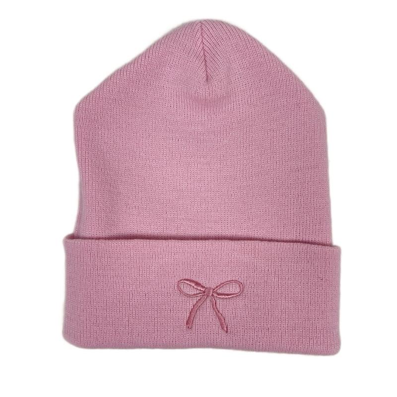 Embroidered Pink Bow Beanie