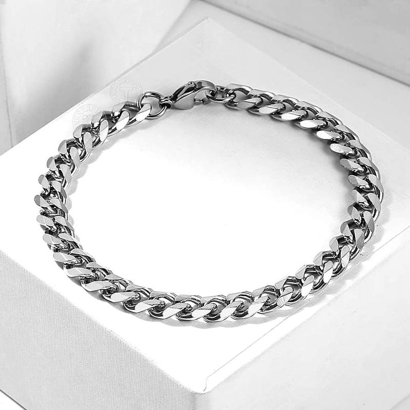 7MM Stainless Steel Curb Cuban Chain Necklace Bracelet Jewelry Set Silver Color Link for Female Male