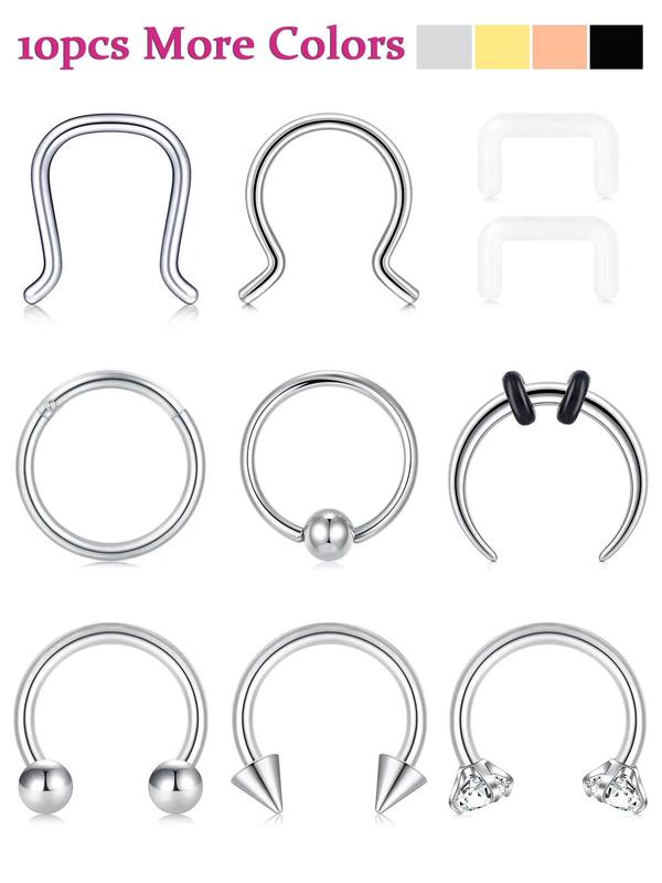 Unisex Street Trend Rhinestone Decor Rivet Design Nose Rings, 10pcs set Trendy Minimalist Septum Piercing Jewelry, Chic Body Jewelry for Party Decor