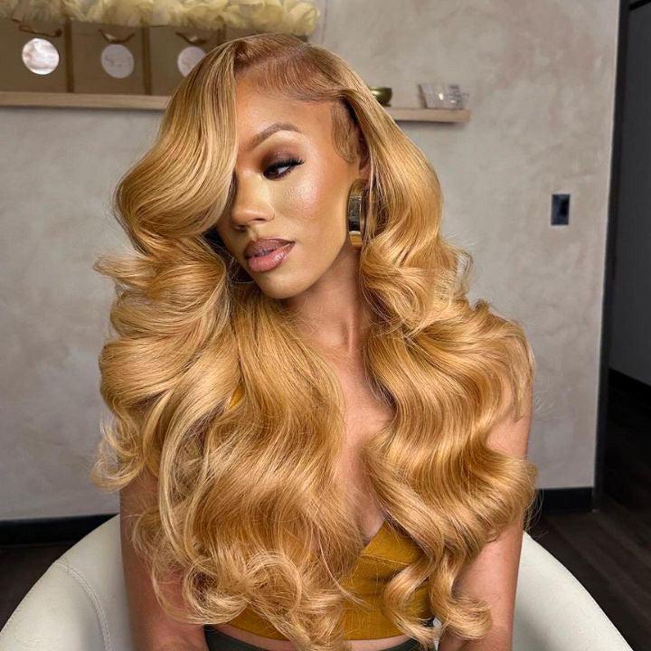 Amanda Hair Honey Blonde Body Wave #27 Color 13x4 Frontal Lace Human Hair Wigs for Women Pre Bleached Glueless Wigs