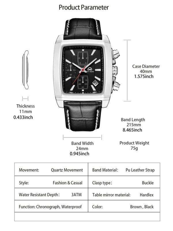 Men's Business Rectangular Dial Analog Quartz Watch, with Time & Calendar Feature, Fashion Waterproof Luminous Watch for Party, Daily Clothing Decor, Trendy All-match & Exquisite Watch for Birthday Gift with Box Watches For Men