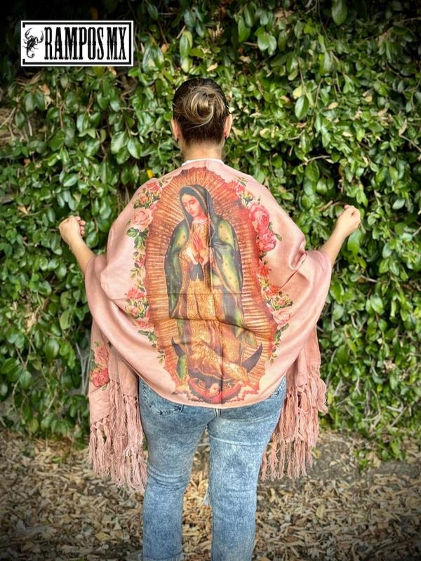 Shawl Virgin Mary Mexican Handmade Shawl,Floral Shawl from Mexico, Mexican Blanquet wrap ,Reboso Bordado Mexicano ,Reboso Virgen Guadalupe