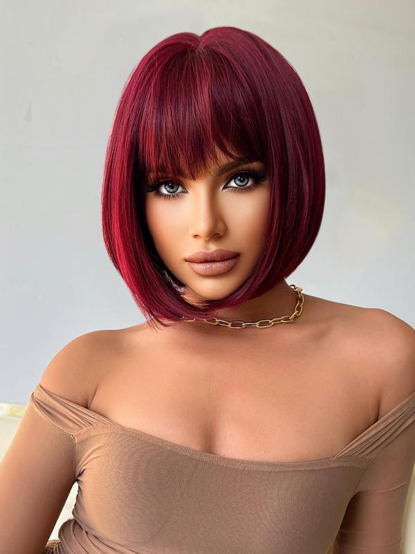 12 Inch Burgundy Glueless Short Straight Bob Wigs for Women, Gorgeous Heat Resistant Wigs with Bangs, Synthetic Wigs for Party, Daily Use,  Fall Hair Trends 2024