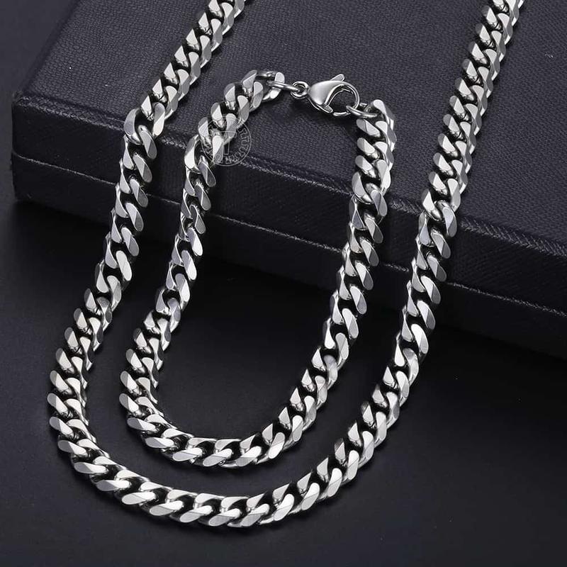 7MM Stainless Steel Curb Cuban Chain Necklace Bracelet Jewelry Set Silver Color Link for Female Male