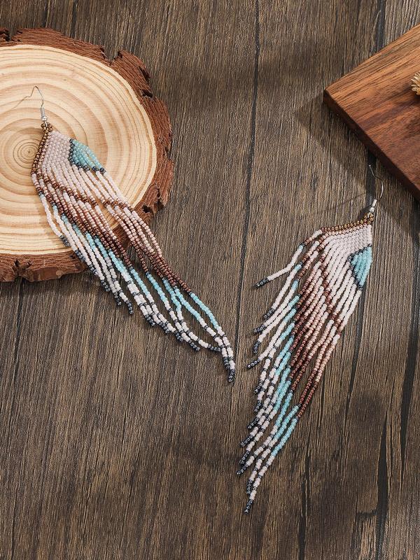 Boho Style Ethnic Pattern Beaded Tassel Dangle Earrings, Fashion Jewelry for Party, Daily Clothing Decor, Trendy All-match & Exquisite Jewelry for Birthday Gift