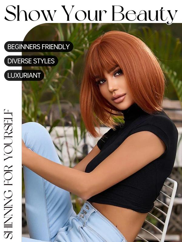 12 Inch Burgundy Glueless Short Straight Bob Wigs for Women, Gorgeous Heat Resistant Wigs with Bangs, Synthetic Wigs for Party, Daily Use,  Fall Hair Trends 2024