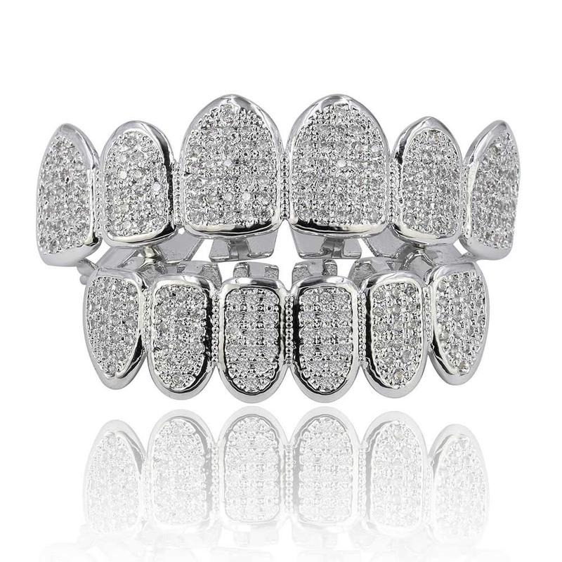 ICE WATER Luxe Unisex Silver Grillz -zirconia Iced-Out, Sparkling Hip Hop Teeth Jewelry for Men & Women, Perfect for Parties & Costumes