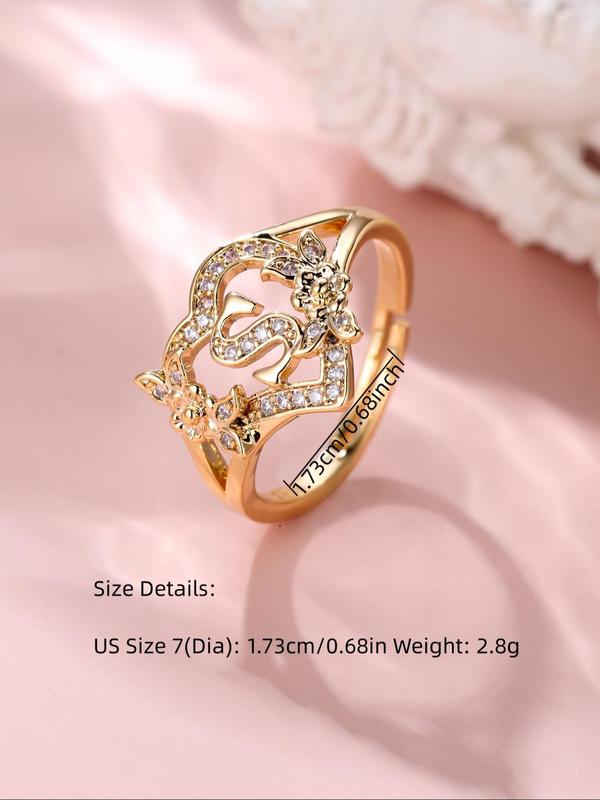 Fashion Letter & Flower Design Rhinestone Inlaid Promise Ring, Casual Matching Rings Jewelry for Party, Classic Trendy Accessories for Daily Wear