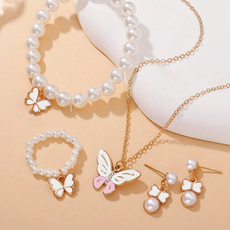 A Set of Lovely Pearl Butterfly Fashion Necklace Earrings Pearl Bracelet Ring Suit, Suitable for Girls