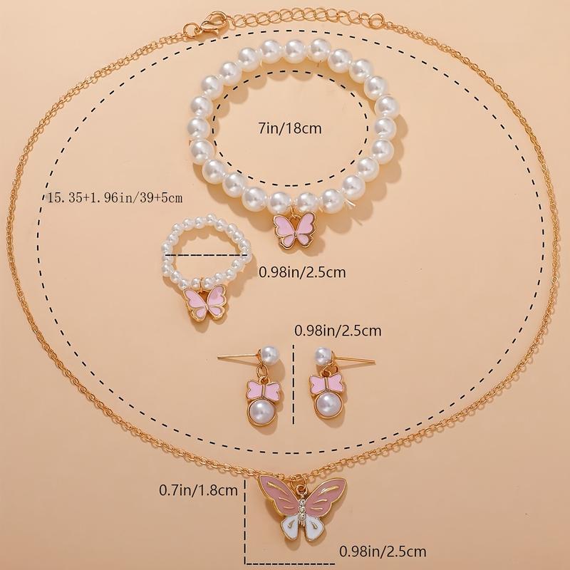 A Set of Lovely Pearl Butterfly Fashion Necklace Earrings Pearl Bracelet Ring Suit, Suitable for Girls