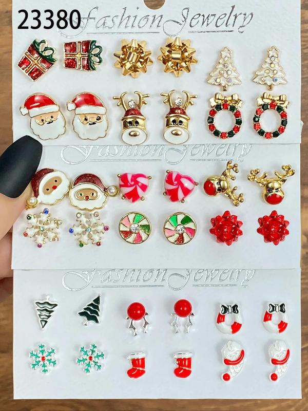 Christmas Themed Earrings Set, Cute Bow & Santa Claus & Elk & Snowflake Design Earrings, Fashion Jewelry for Party, Daily Decor, Trendy All-match & Exquisite Jewelry for Gift