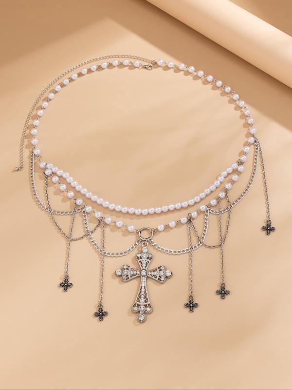 Cross Design Faux Pearl Decorated Tassel Waist Chain,  Fashionable Hollow out Body Jewelry for Women & Girls, for Party, Daily Clothing Decor, Trendy All-match & Exquisite Jewelry for Birthday Gift