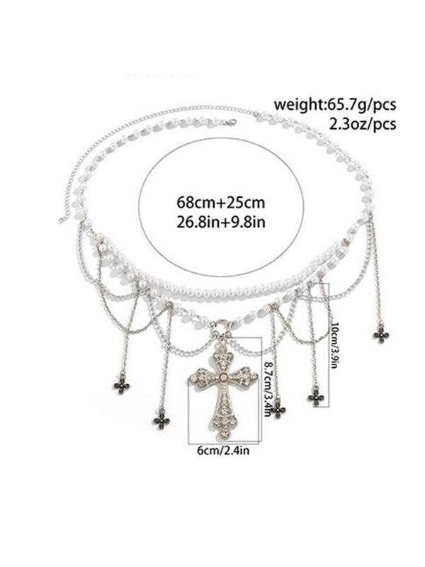 Cross Design Faux Pearl Decorated Tassel Waist Chain,  Fashionable Hollow out Body Jewelry for Women & Girls, for Party, Daily Clothing Decor, Trendy All-match & Exquisite Jewelry for Birthday Gift