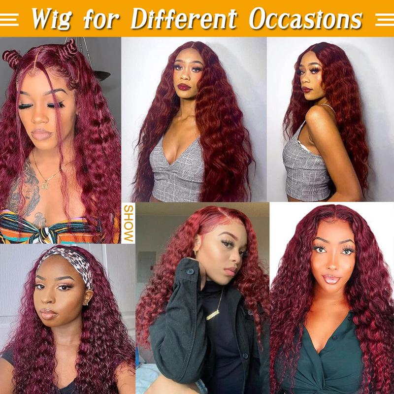 28 Inch Burgundy Deep Wave T-Part Lace Red Wig Synthetic Hair for Women Fake Scalp Natural Crimps Curls Wigs