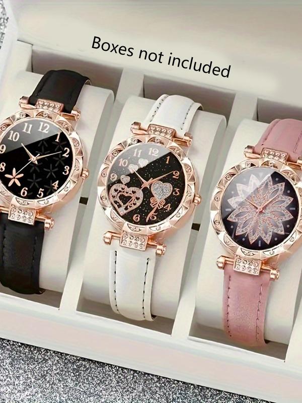 Women's Elegant Rhinestone Decor Quartz Watch Set, Fashion Flower Heart Decor Round Dial Analog Watch for Women & Girls, Trendy All-match Watch for Birthday Gift, without Box