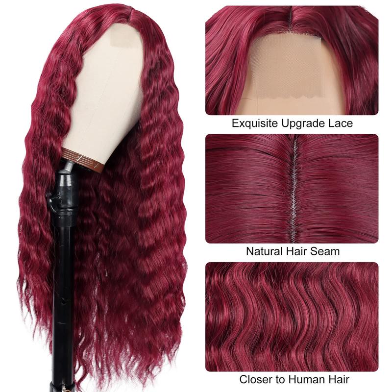 28 Inch Burgundy Deep Wave T-Part Lace Red Wig Synthetic Hair for Women Fake Scalp Natural Crimps Curls Wigs