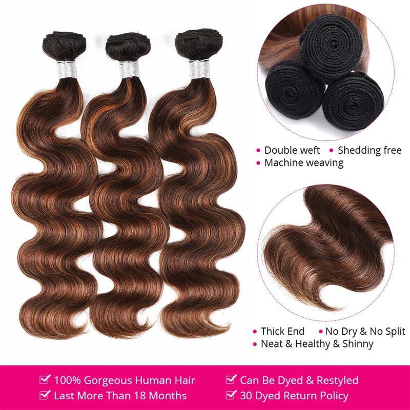 Ombre Brown Highlight Body Wave Human Hair Weave Sew in 1 3 4 Bundles Brazilian Remy Hair Dark Root Blonde Human Hair Weaves Extension Piano Color