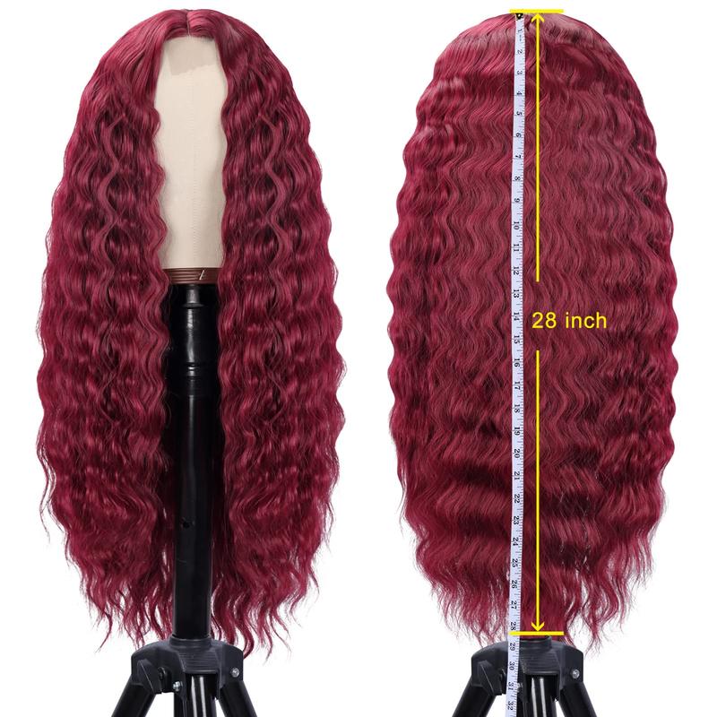 28 Inch Burgundy Deep Wave T-Part Lace Red Wig Synthetic Hair for Women Fake Scalp Natural Crimps Curls Wigs