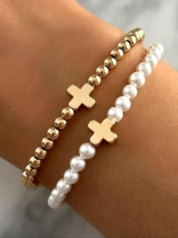 Faux Pearl Decorated Cross Charm Beaded Bracelet, Fashion Jewelry for Party, Daily Clothing Decor, Trendy All-match & Exquisite Jewelry for Birthday Gift