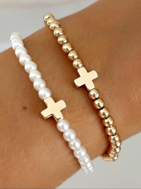 Faux Pearl Decorated Cross Charm Beaded Bracelet, Fashion Jewelry for Party, Daily Clothing Decor, Trendy All-match & Exquisite Jewelry for Birthday Gift