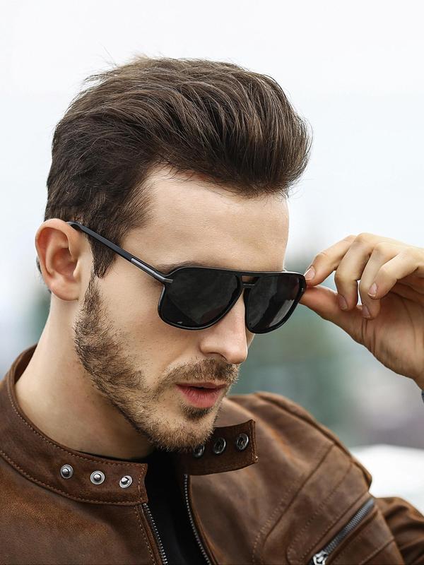 Men's Business Double Bridge Square Frame Sunglasses, Vintage Trendy Sunglasses for Everyday Use, Fashion Accessories for Outdoor Activities