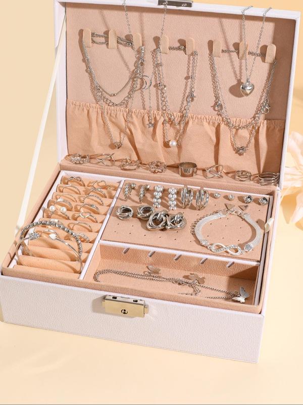 Women's Elegant Jewelry Set, 53pcs Exquisite Jewelry without Box, Including Faux Pearl & Rhinestone Earrings, Tennis Bracelet & Infinity Symbol Chain & Heart Open Bangle Bracelet, Braided Ring, Open Ring, Butterfly & Star & Moon Necklace, Perfect As Gift