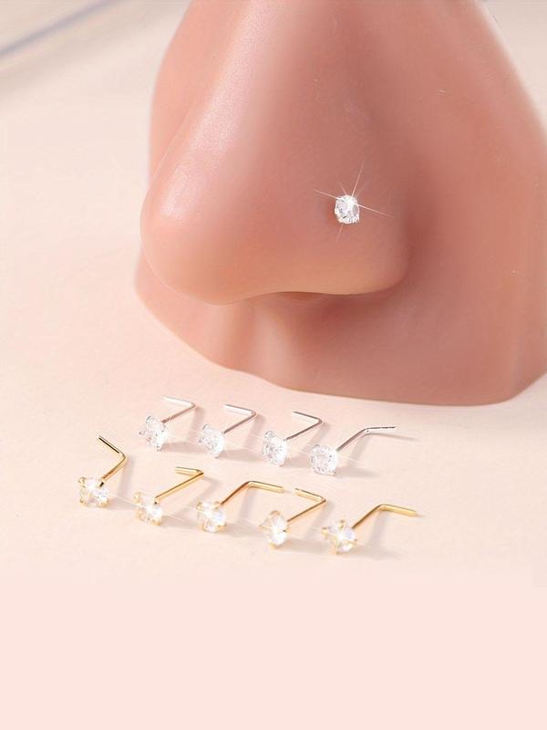 Elegant Women's Nose Ring Set, Simple Style Rhinestone Decor Nose Ring, L-shaped Studs for Daily Wear & Gift