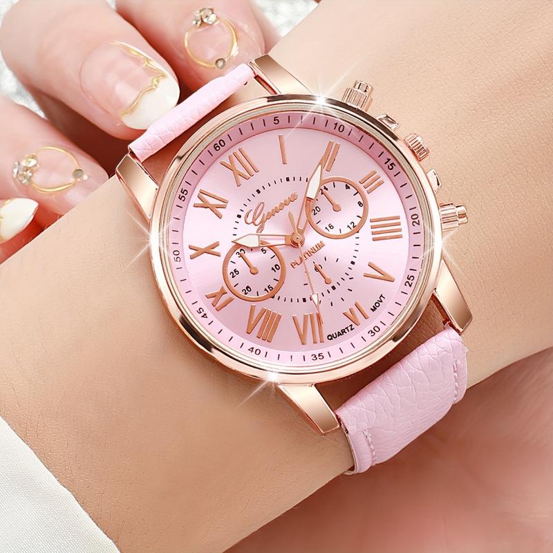 Chic 7pcs Women's Quartz Watch Set - Casual Fashion, Faux Leather Straps, Alloy Cases (Box Not Included)