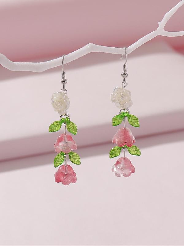 Women's Elegant Flower & Leaf Design Dangle Earrings, 1 Pair Trendy Cute Dangle Earrings, Chic Sweet Jewelry As Gift for Girlfriend