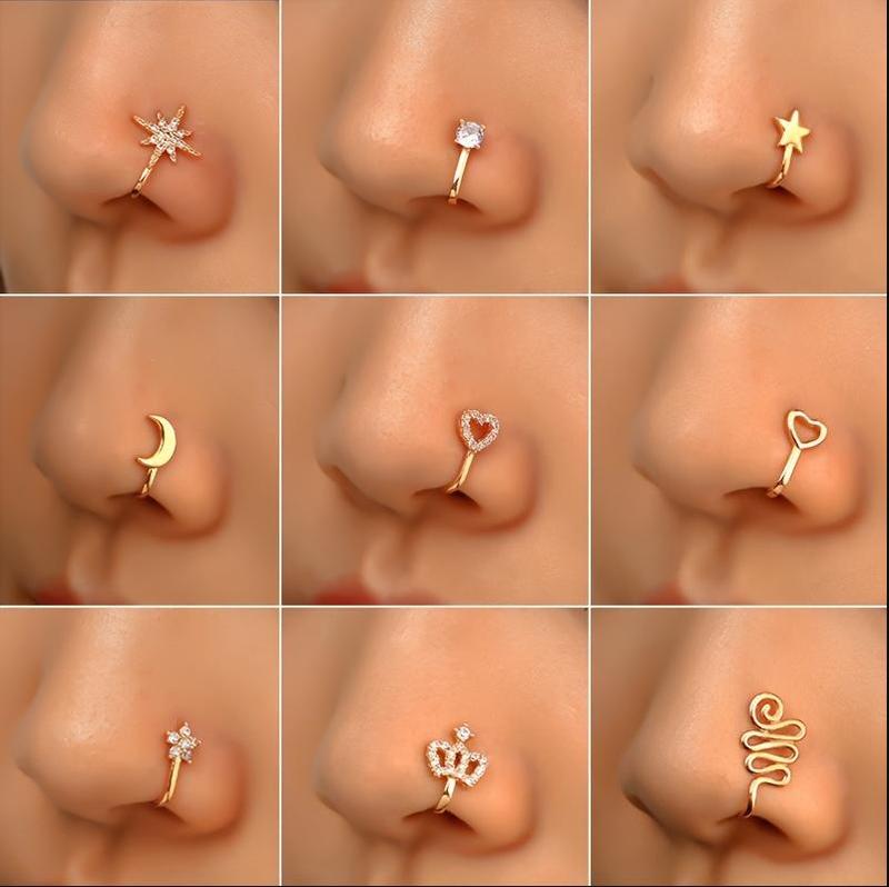 9pcs Nose Ring Jewelry Shape Nose Ring  Copper Non Piercing Nose Rings, U Shape Star Love Crown Nose Clip with Zirconia shape nose nose ring nose ring Punk Rhinestone Clip-On Gold gold  nose protection bracelet cross  septum