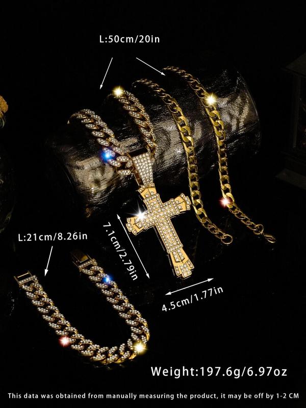 Luxury Rhinestone Cross Pendant Necklace & & Chain Necklace & Bracelet, 3pcs set Chunky Cuban Chain Link Bracelet, Punk Style Jewelry Set for Party, Daily Clothing Decor for Men & Women